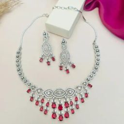 Abdesigns Silver Cubic Zirconia American Diamond Necklace & Earring Set-42