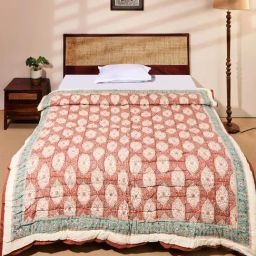 Fabindia Amer Aqua-coral Red & Aqua Cotton Printed Single Quilts-18