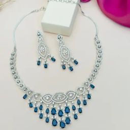 Abdesigns Silver Cubic Zirconia American Diamond Necklace & Earring Set-24