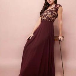 Miss Chase Wine & Beige Floral Cap Short Sleeves Lace Overlaid Fit & Flare Panelled Maxi Dress-picture-46