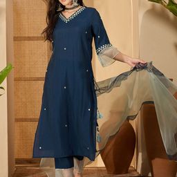 Sangria Women Solid Embroidered Kurta with Trousers & Dupatta-image-39