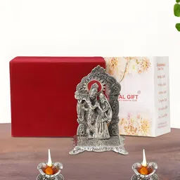 INTERNATIONAL GIFT Silver Plated Radha Krishna Chowki with 2 Diya and Box-image-73