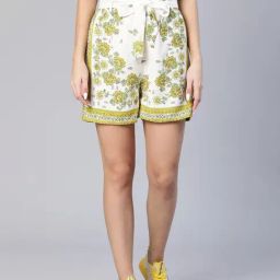 Oxolloxo White & Olive Floral Print Shorts-image-29