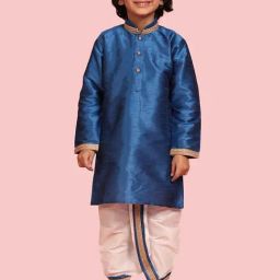 AJ Dezines Kids Blue & White Embroidered Full Sleeves Kurta Set-image-20
