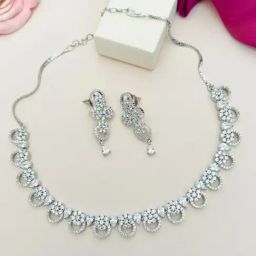 Abdesigns Silver Cubic Zirconia American Diamond Necklace & Earring Set-48