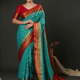 Saree Mall Blue & Red Woven Saree With Unstitched Blouse-picture-1