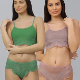 AROUSY Green & Purple Self Pattern Bra Panty Set - Pack Of 2-image-59