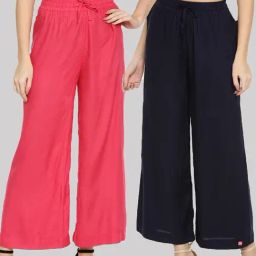 TWIN BIRDS Pink & Navy Mid Rise Palazzos - Pack Of 2-image-70