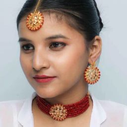VOJ Gold Plated Red Beads Kundan Choker Jewellery Set with Mang Tikka for Women-9