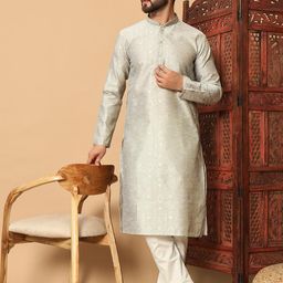 Men's Light Grey Woven Pattern Kurta with Embroidered Collar-picture-2