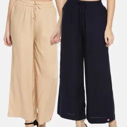 TWIN BIRDS Beige & Navy Mid Rise Palazzos - Pack Of 2-image-75