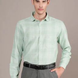 Cantabil Light Green Cotton Regular Fit Checks Shirt-image-81
