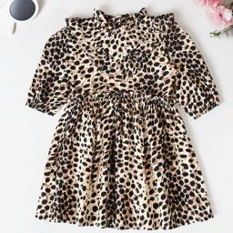 Bella Moda Girls Brown Cotton Three Fourth Sleeves Tiger Printed Dress-image-45
