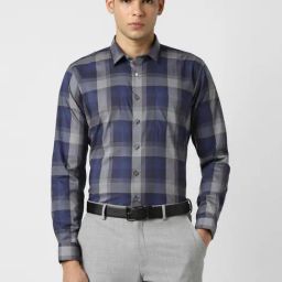 Van Heusen Navy Cotton Slim Fit Checks Shirt-image-54