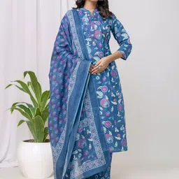 Jaipur Love Women Floral Printed Regular Thread Work Pure Cotton Kurta with Trousers & With Dupatta-28