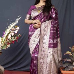 SHUBHKALA Purple & Golden Silk Woven Saree With Unstitched Blouse-image-14