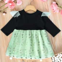 Bella Moda Kids Green Self Pattern Full Sleeves Dress-image-110