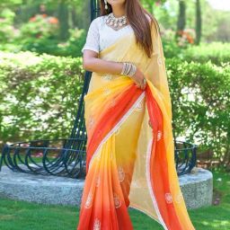 Satrani Yellow & Orange Embroidered Saree With Unstitched Blouse-image-64