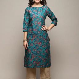 Biba Turquoise Cotton Floral Print Straight Kurta-image-85