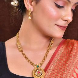 VOJ Gold Plated Long NeckLace with Earrings Jewellery Set for Women-image-18