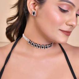 VOJ Rose Gold Plated American Diamond Black Cubic Studded Jewellery Set for Women-11