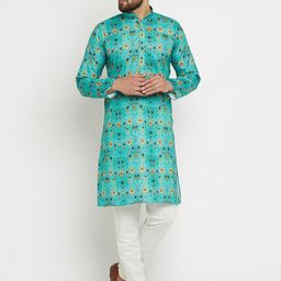 SOJANYA Men Green & White Printed Kurta with Pyjamas-12