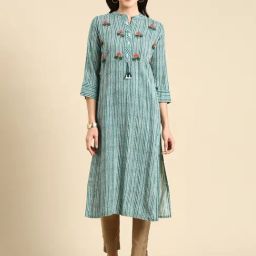 SHOWOFF Teal & White Cotton Embroidered Kurta-image-37