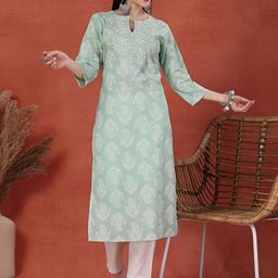Sangria Paisley Printed Thread Work Notch Neck Pure Cotton Straight Kurta-image-54