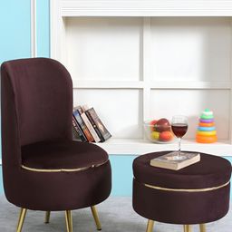 Shadowkart Brown And Gold Toned 2 Pieces Wooden Cylindrical Pouffes Ottomans-image-3