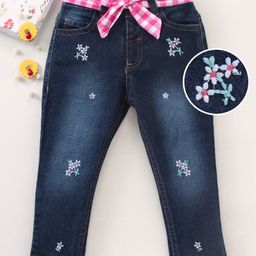 Babyoye Cotton Lycra Full Length Denim Jeans with Fabric Belt Floral Embroidery - Blue-image-64
