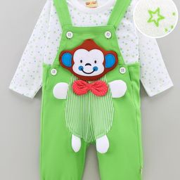 WOW Clothes Full Sleeves Cotton T-shirt with Dungaree with Monkey Patch and Bow Applique- Green (Bow & Button Color and T-Shirt Print May Vary)-35