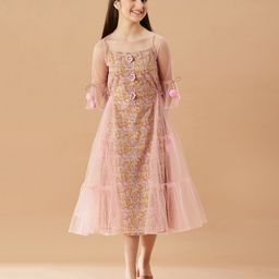 Pspeaches Three Fourth Sleeves Floral Printed Crochet FlowersEmbellished Net Overlayed Party Dress - Pink-image-44