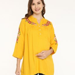 Bella Mama Woven Three Fourth Sleeves Floral Embroidered Maternity Top - Mustard-image-45