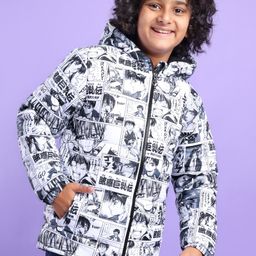 Pine Kids Full Sleeves Hooded Anime Printed Heavy Winter Jacket - Black & White-image-28