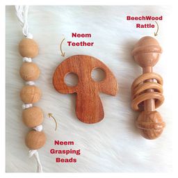 Taruh Kids Wooden baby Teether Rattle Combo Dumbbell, Mushroom-26