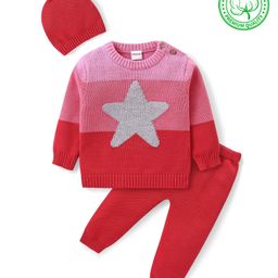 Babyhug Organic Cotton Knit Full Sleeves Sweater Set & Cap with Colour Block & Star Design - Multicolour-picture-4