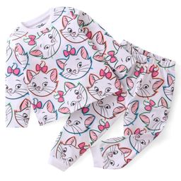 Babyhug Disney Single Jersey Full Sleeves Night Suit With Marie Print - White-image-57