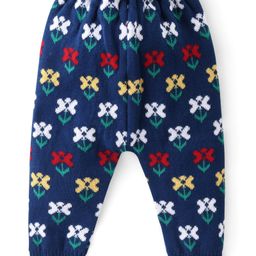 Babyhug Full Length Fleece and Woollen Lounge Pant Floral Design - Navy Blue-image-77