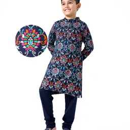 Earthy Touch Single Jersey Knit Full Sleeves Kurta Pyjama Set Floral Print - Navy Blue-picture-42