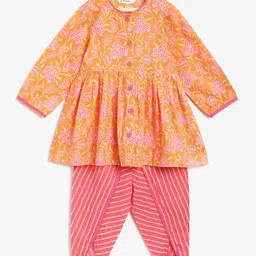Campana 100% Cotton Full Sleeves Floral Printed Kurta With Dhoti Pants - Orange & Pink-picture-16