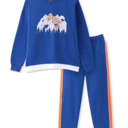 Honeyhap Premium 100% Cotton Knit Full Sleeves T-Shirt & Lounge Pants Set With Bio Finish Explorer Print - Blue Quartz Orange & White-image-98