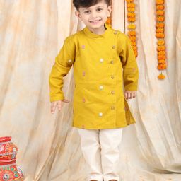 Polka Tots Full Sleeves Floral Embroidered Kurta Pyjama Set - Yellow-image-86