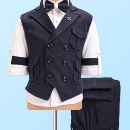 Rikidoos Full Sleeves Solid Shirt With Textured Waistcoat Pant & Bow Set - Navy Blue & White-picture-1