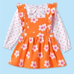 Babyhug Terry Knit Full Sleeves Peter Pan Collar T-Shirt & Frock with Polka Dots Floral Print & Frill Detailing - Orange & White-image-29