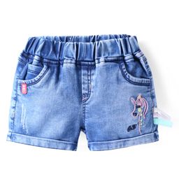 Olio Kids Denim Knit Above Knee Length Denim Shorts with Unicorn Embroidery - Light Blue-image-3