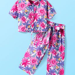 CrayonFlakes Short Sleeves Floral Printed Crop Shirt & Belted Palazzo Set - Offwhite-image-31