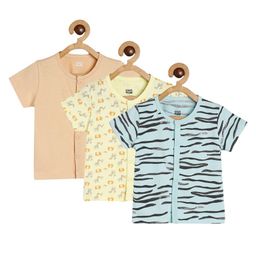 MINI KLUB Cotton Pack Of 3 Half Sleeves Baby Animals & Abstract Printed Vests - Beige Yellow & Blue-image-43