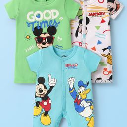 Babyhug Disney Interlock Knit Half Sleeves Rompers With Mickey Mouse Graphics Pack Of 3 - Light Blue & White-image-42
