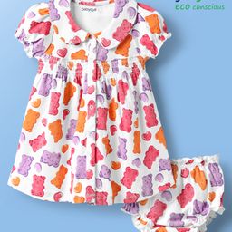 Babyoye 100% Cotton Knit Half Puffed Sleeves Eco Jiva Finish Bear Printed Front Open Frock with Bloomer - White-image-83