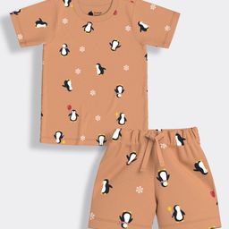 Orange Sugar 100% Cotton Knit Half Sleeves Penguin Printed Coordinating Tee & Shorts Set - Brown-image-95